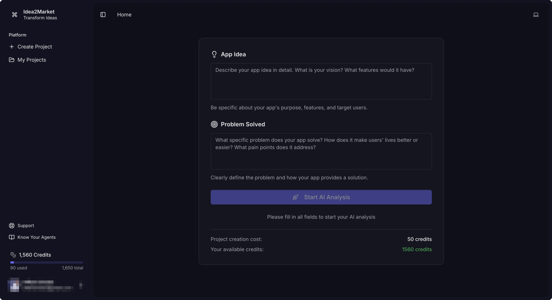 AI-powered dashboard showing positioning, landing page, and growth strategy for a new app idea